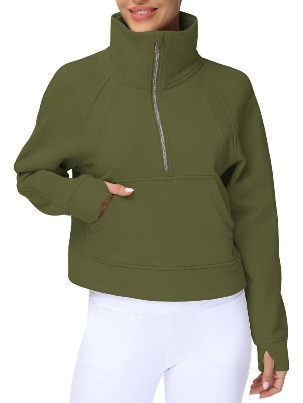 Women's Olive Fleece Lined Stand Collar Half Zip Thumb Holes Crop Sweatshirt